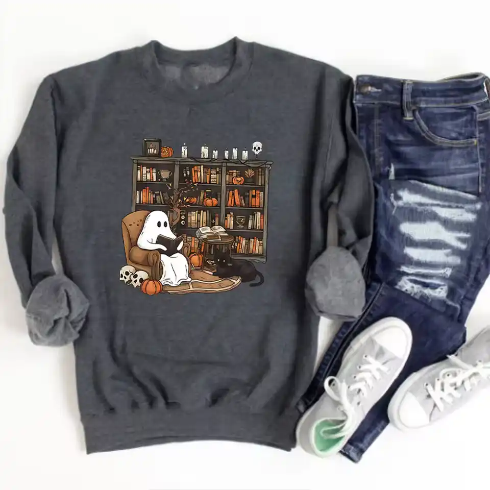 Retro Ghost Reading Books Sweatshirt Librarian Ghost Halloween Shirt Halloween Teacher